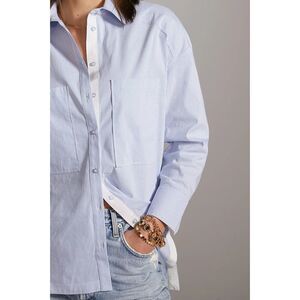 MAEVE Anthropologie Shirt Womens XS Purple White‎ Stripe Pocket Tunic Button Up
